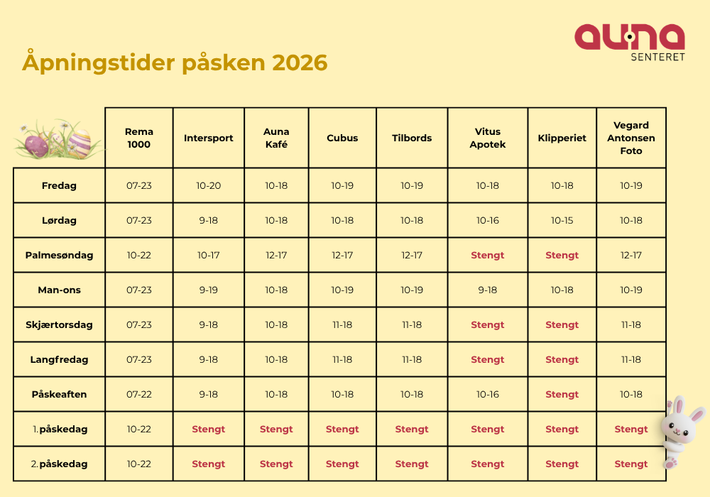 Åpningstider påsken 2026 - Aunasenteret